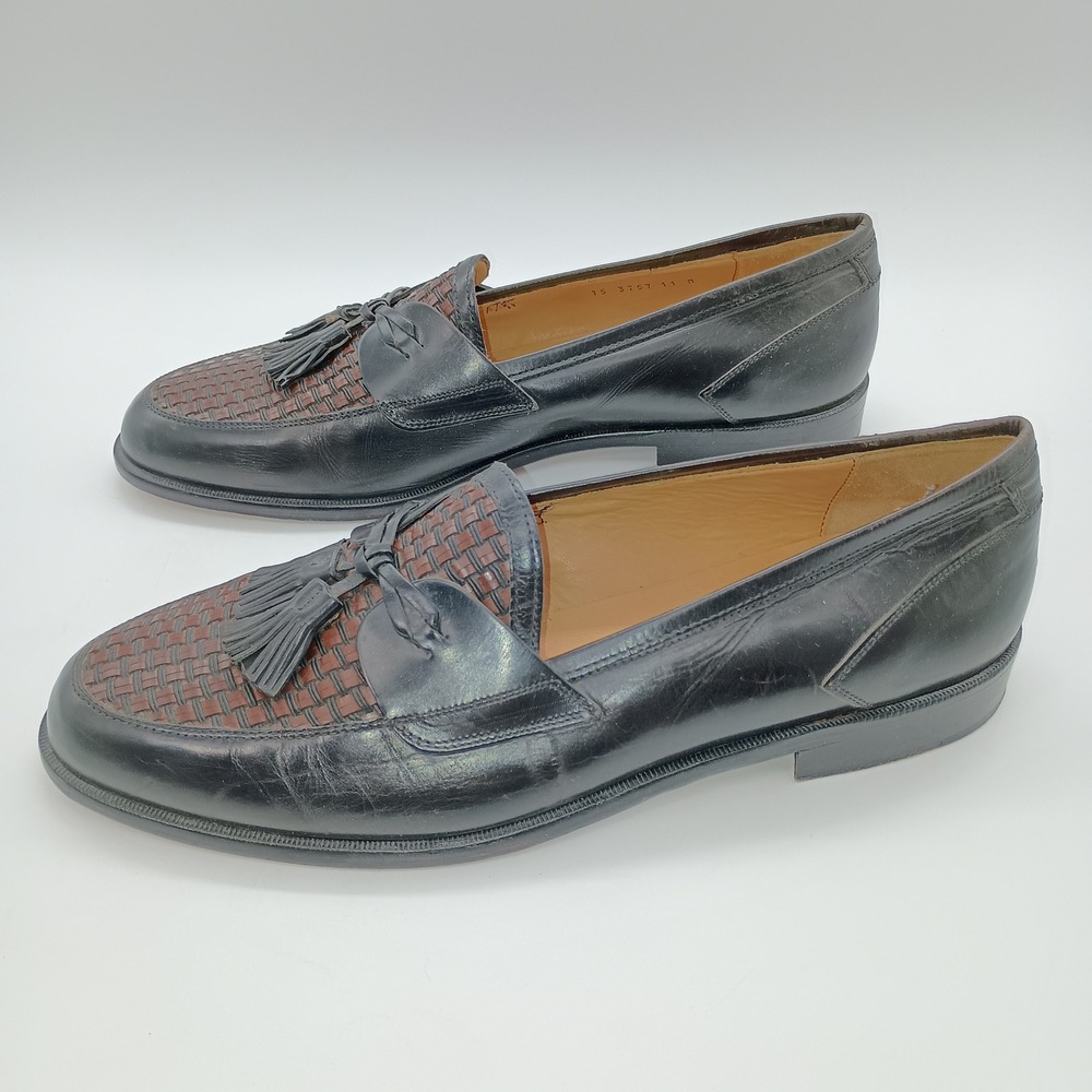 Johnston & Murphy Cellini Mens 11 M Black Brown Woven Leather Tassel Loafers - Picture 3 of 7